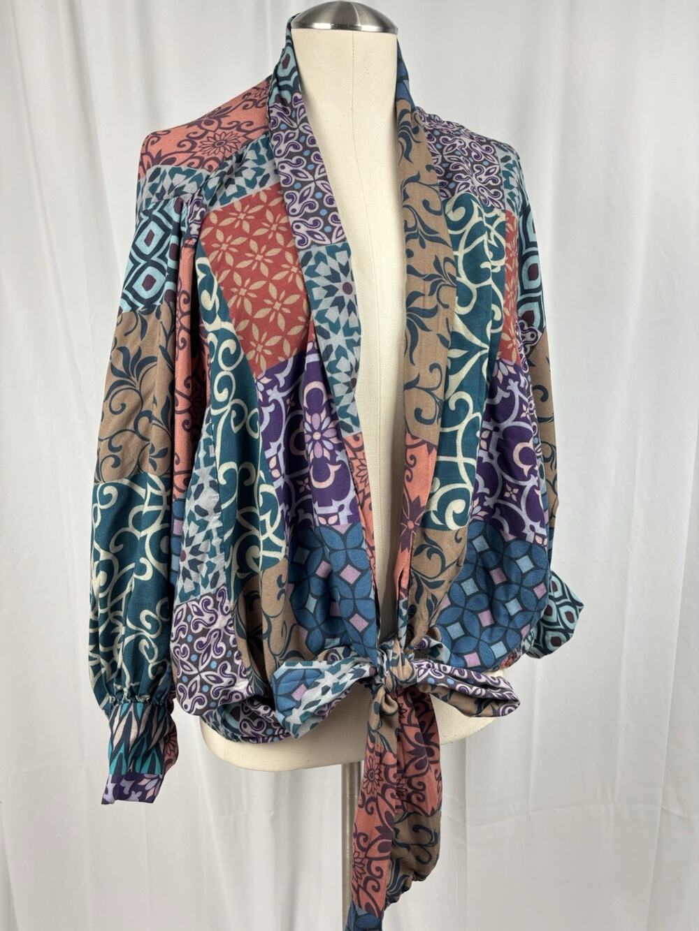 Mahila Kimono Wrap Top Patchwork Pattern Balloon Sleeve Tie Front Boho One Size